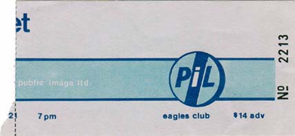 PiL - Milwaukee, Eagles Club Ballroom, USA 21.6.86 Gig Ticket