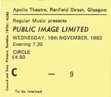 PiL - Glasgow, Apollo 16.11.83 Gig Ticket