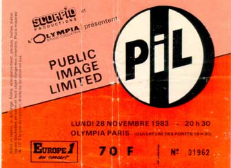 PiL - Paris, Olympia 28.11.83 Gig Ticket