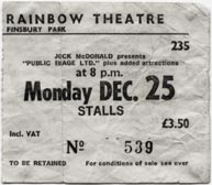 PiL - London, Rainbow Theatre 25.12.78 Gig Ticket